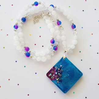 Coral Blue & Purple Square Pendant Necklace