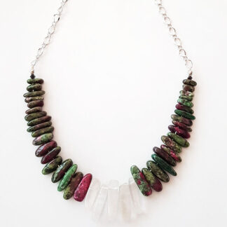 Gemstone Necklace- green & pink color - Silver plated