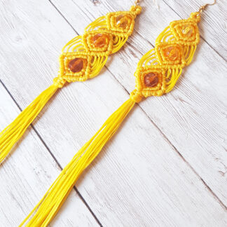 Yellow macrame statement earrings with acrylic beads