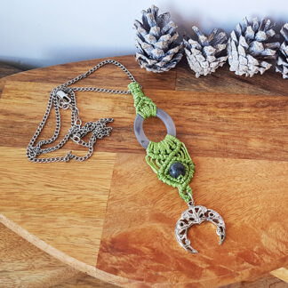 Crescent Moon Green Macrame & Gemstones Necklace