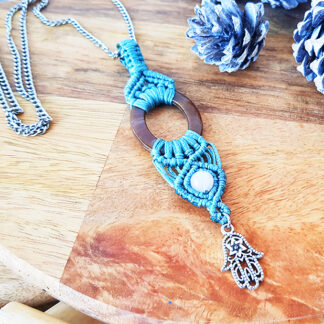 Hamsa Blue Macrame & Gemstone Necklace