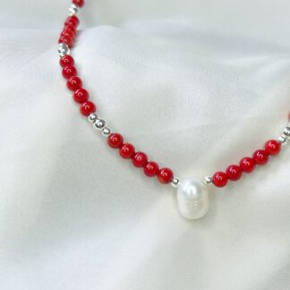 red coral necklace with a pearl and sterling silver beads